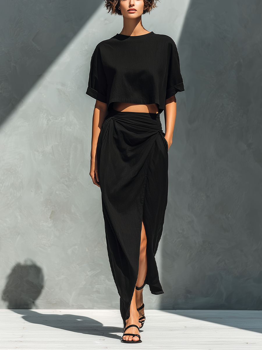 Women’s Black Linen-Blend Cropped T-Shirt & Ruched Wrap Maxi Skirt With Slit Two-Piece Set MDZ2581D0T