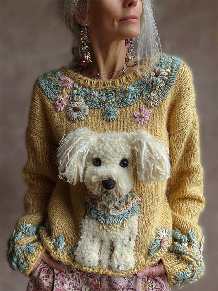 Vintage Fuzzy Dog Boho Floral Embroidered Cozy Knit Sweater