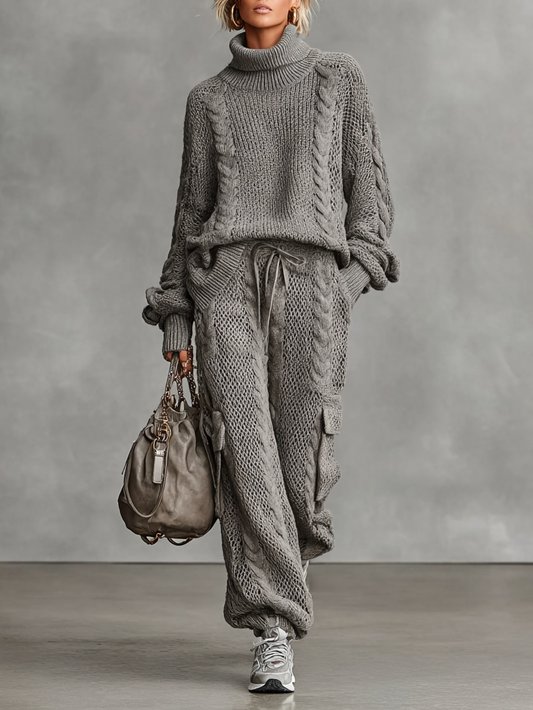 Women's Casual Cable Knit Turtleneck Sweater Cargo Pants Set MDA0958I2Y