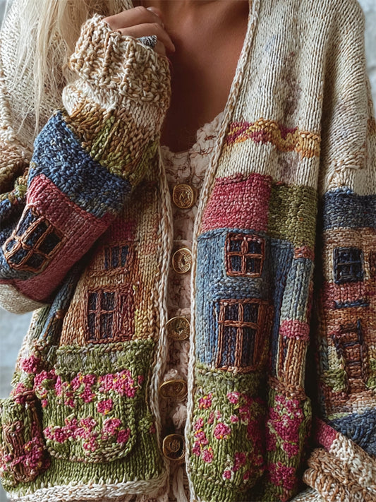 Cottagecore Floral Buildings Colorblock Crochet Cozy Knit Cardigan