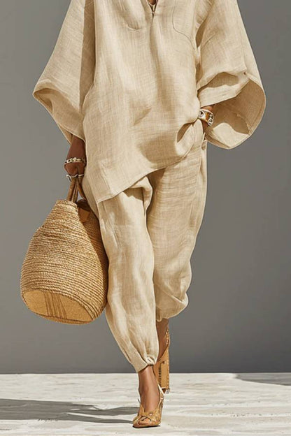 Light Khaki Minimalist Asymmetrical Hem Top And Jogger Pants Suit