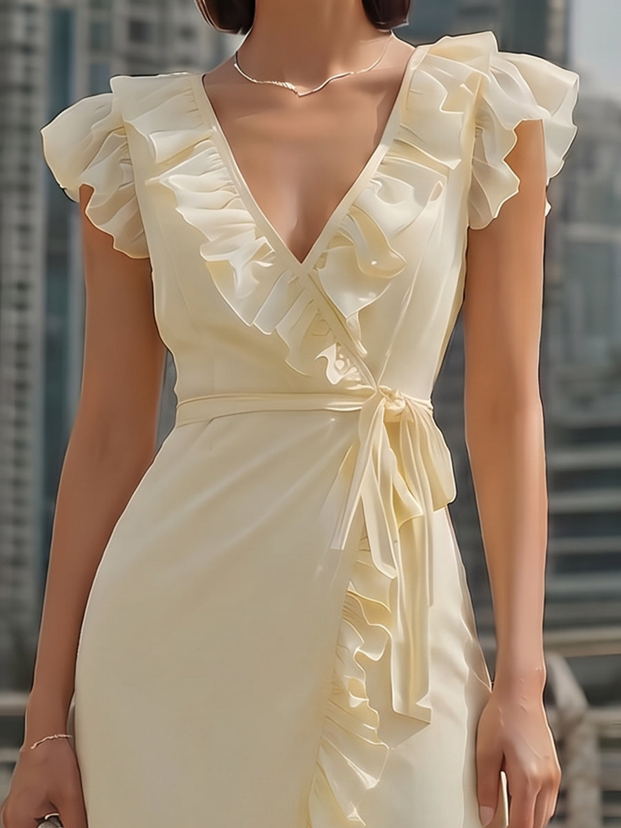 Chiffon Ruffled Wrap Midi Dress