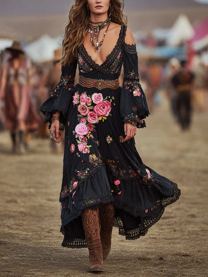 Black Floral Embroidered Bohemian Maxi Dress With Off-Shoulder Bell Sleeves And Layered Skirt For Women