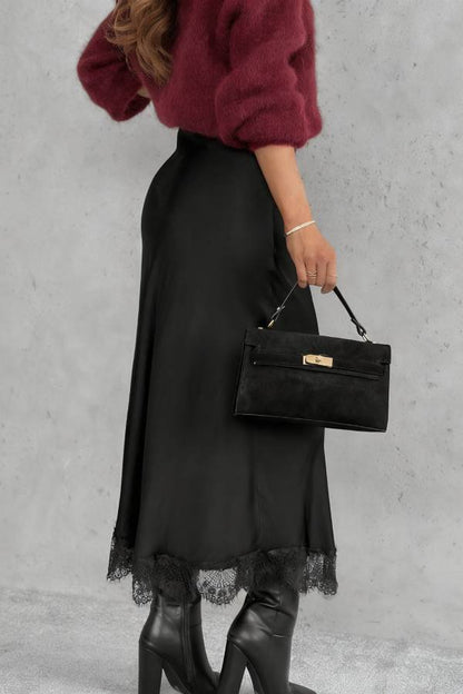 Hot Topic Chocolate Viscose Satin Midi Skirt with Lace