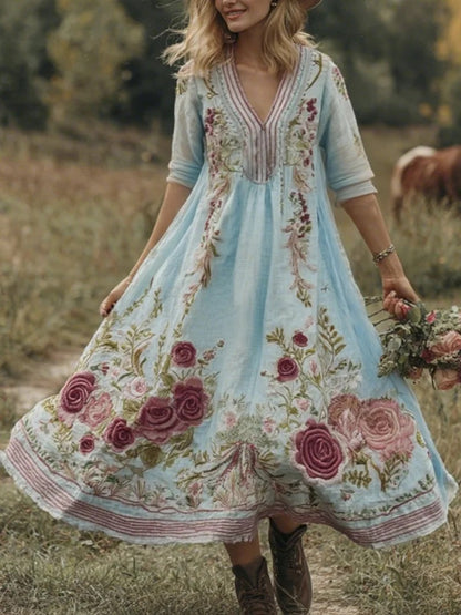 Classy Gradient Pink Roses And Striped  Embroidered Linen Maxi Dress 67f2