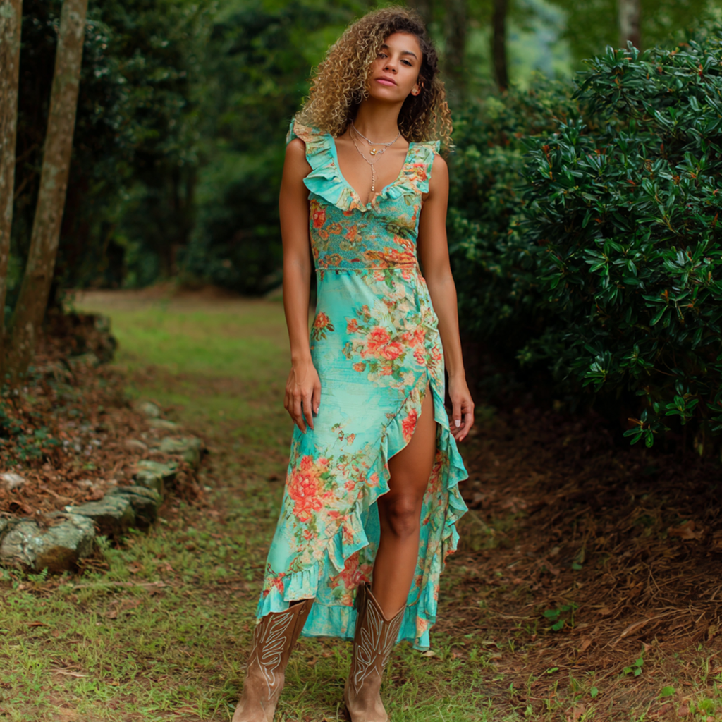 Floral Print Chiffon Maxi Dress With Ruffle Details And Asymmetrical Hem For Women