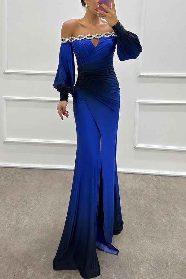 Gradient Print Boat Neck Off Shoulder Gem Detail Slit Gown Maxi Dress