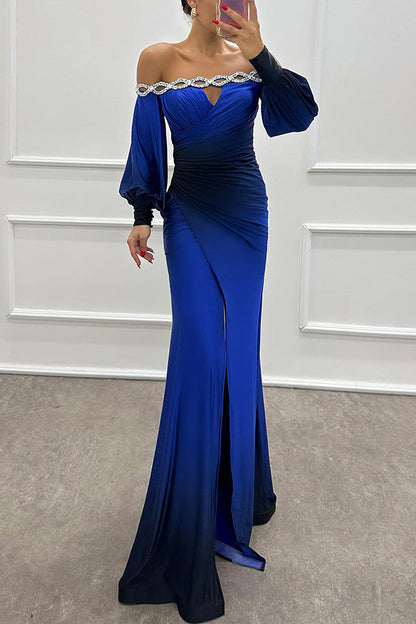 Gradient Print Boat Neck Off Shoulder Gem Detail Slit Gown Maxi Dress