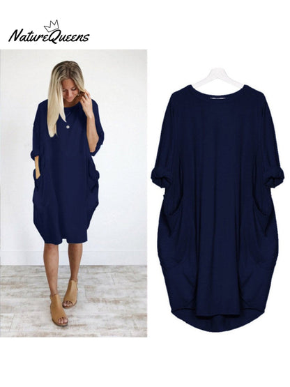 Women's Solid Color Loose Elegant Casual Long-sleeved Pocket Dress