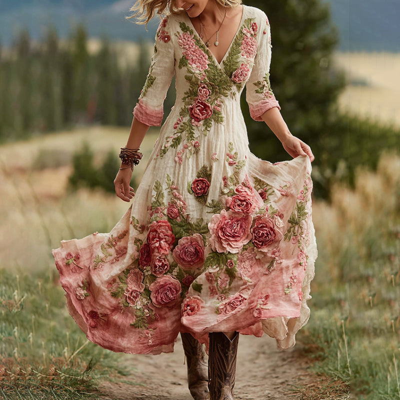 Women's Vintage Rose Floral Art V Neck Linen Blend Comfy Maxi Dress 3771