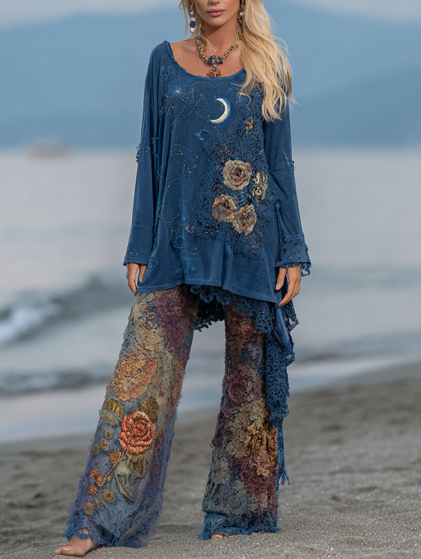 Seaside Stars and Moon Retro Top + Pants Set 5c56