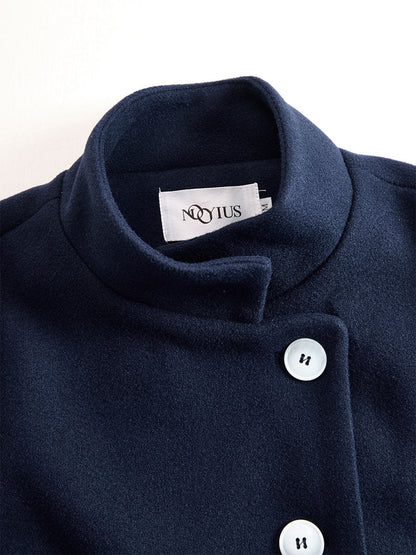 Elegant Navy Stand - Collar Maxi Coat
