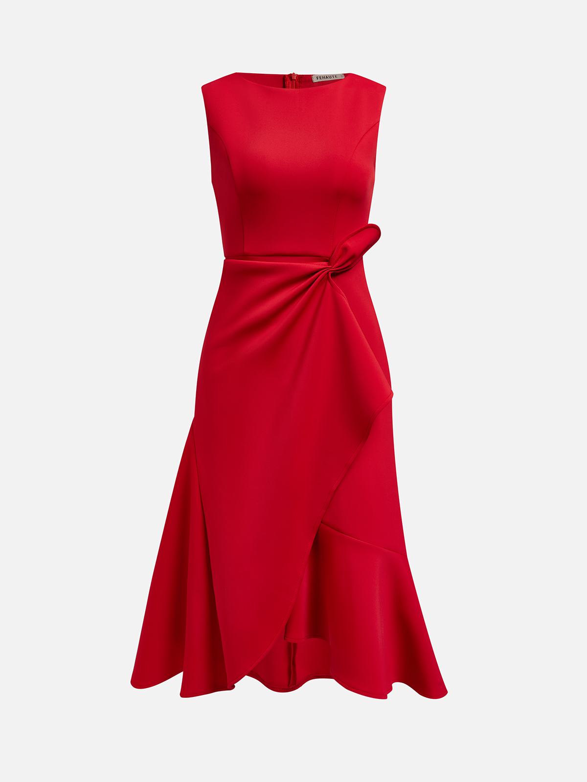 Red Sleeveless Midi Dress Elegant Ruched Waist & Flounce Hem for Weddings and Parties