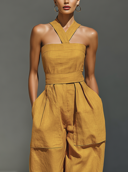 Women's Mustard Yellow Linen-Blend Jumpsuit With Crisscross Neckline & Relaxed Trousers MDZ2808B6T