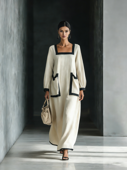 Women's Beige Cotton And Linen Blend Square-Neck Maxi Dress With Black Trim & Oversized Pockets MDZ1507A0T