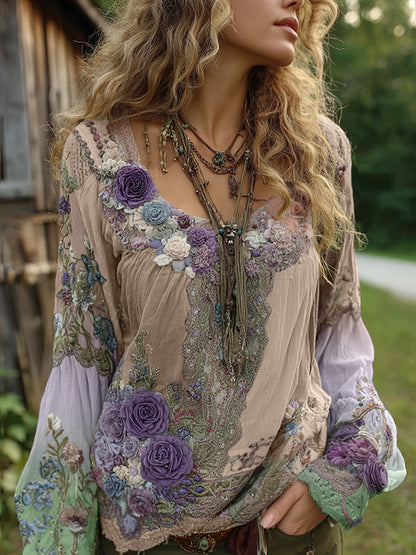 Vintage Purple Lavender And Floral Embroidered Linen Long Sleeve Shirt 0f8d