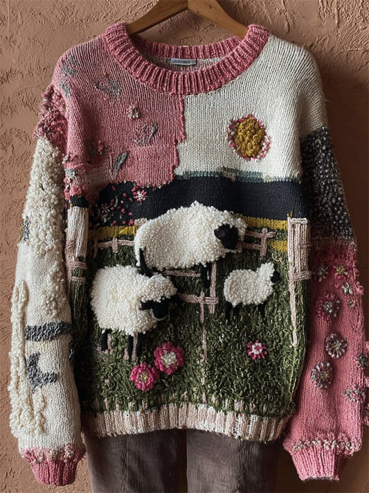 Vintage Farm Sheep Floral Colorblock Patchwork Cozy Knit Sweater