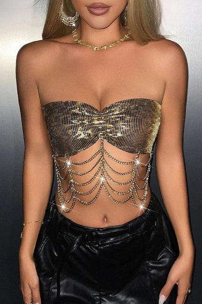Leopard Pattern Sequin Strapless Layered Chains Decor Party Crop Top-Gold