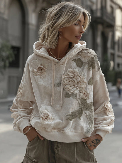 Women's Retro Embroidery Floral Patchwork Art Cozy Hoodie
