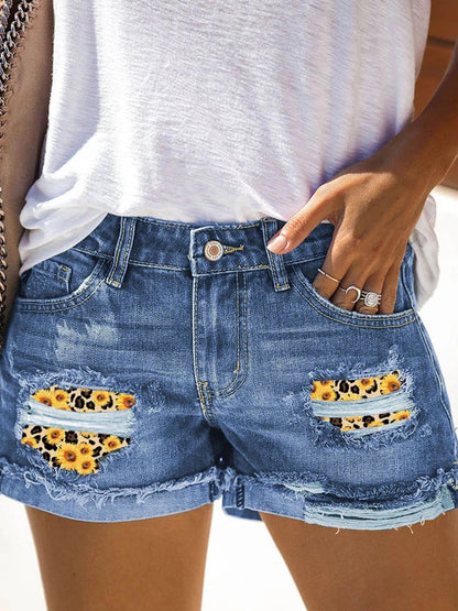 Daisy Patchwork Distressed Pockets Denim Shorts