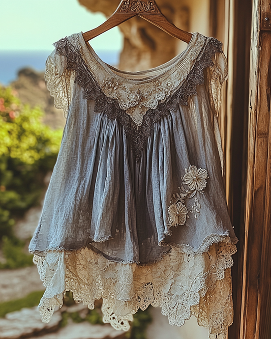 Summer Vacation Ruffle  Lace Patchwork Top ccdb f700