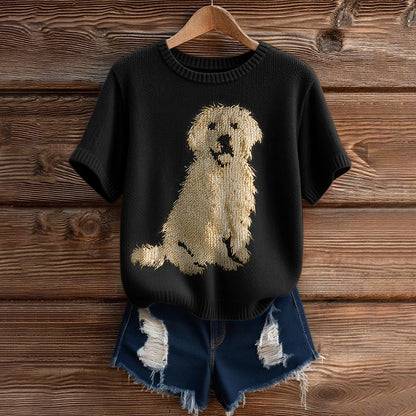 Vintage Classic Fuzzy Golden Retriever Dog Felt  Inspired Short Sleeve Cozy Knit Sweater
