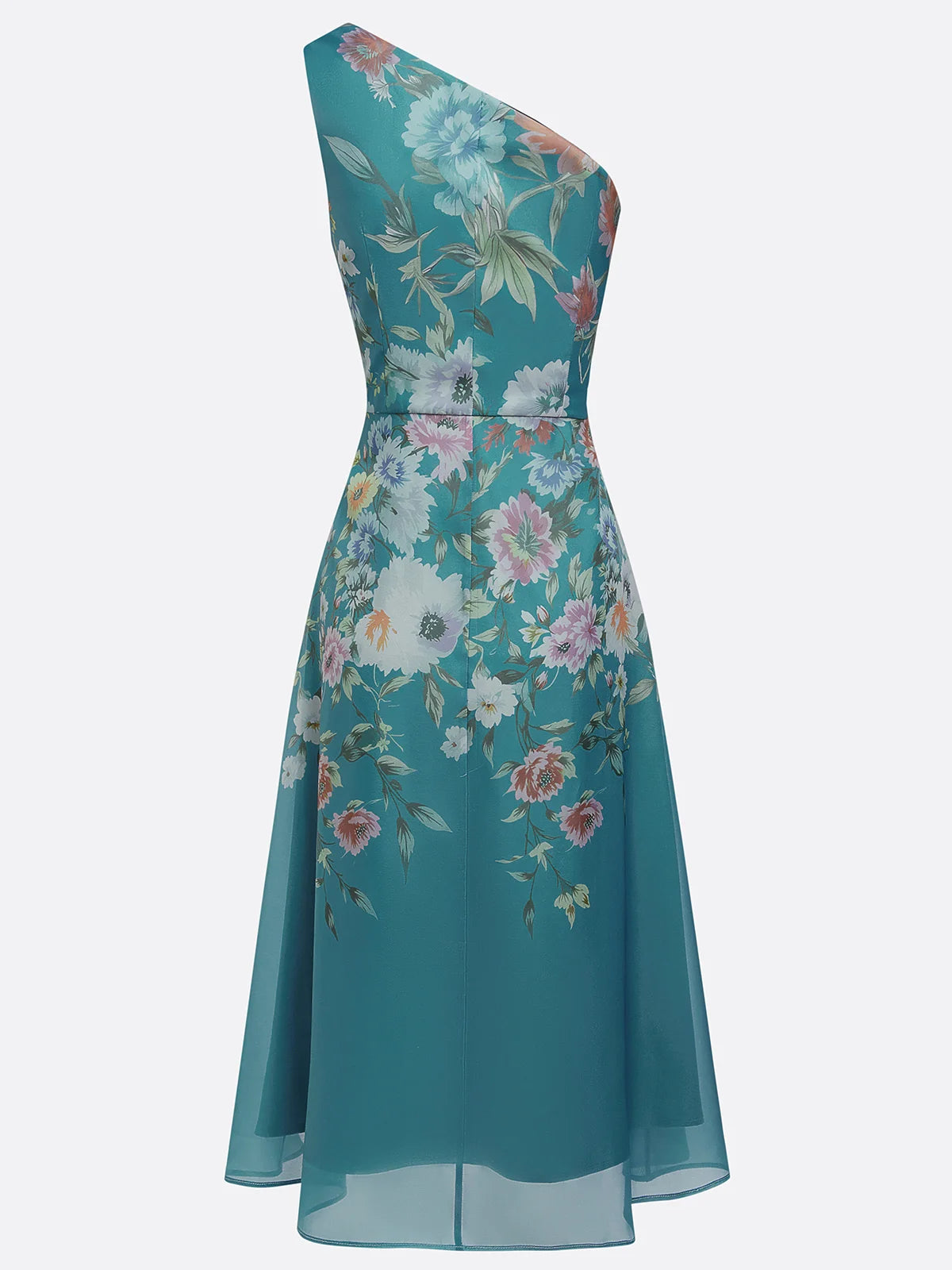 Cyan Floral Ruched Tulle One Shoulder Sleeveless A-Line Midi Dress