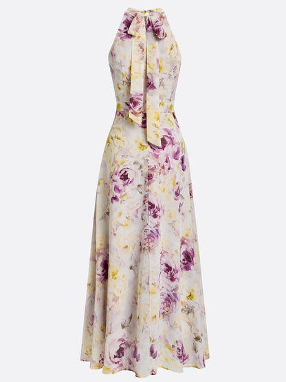 Light Purple Floral Chiffon Halter Sleeveless A-Line Maxi Dress