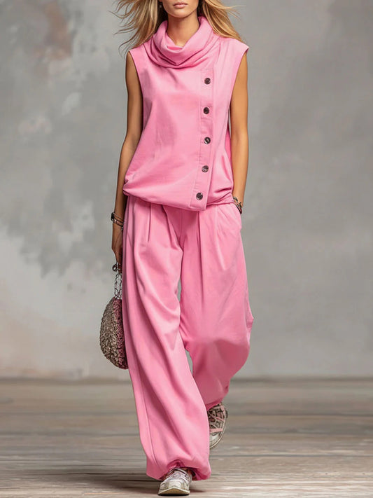 Women's Solid Color Stand-collar Sleeveless Casual Loose Cotton Top And High-waisted Loose Wide-leg Pants Set.