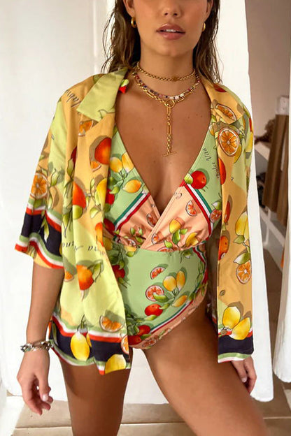 Fruity Citrus Linen Blend Printed Button Down Vacation Blouse