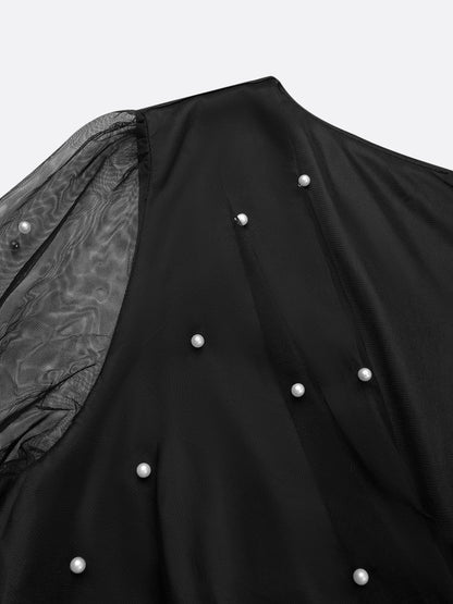 Black Beaded Slit Satin V Neck Long Sleeve Balloon Sleeve Sheath Midi Dress