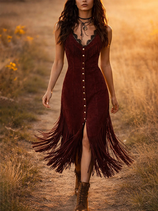 Faux Suede Fringe Dress With Lace Trim Deep V-Back Mid-Length Bodycon Dress For Women