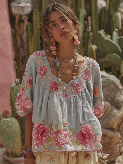 Women's Vintage Floral Art Embroidery Linen T-shirt c29a