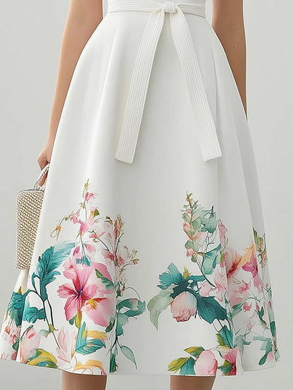 Chic Strapless Floral Satin Midi Dress with Matching Belt