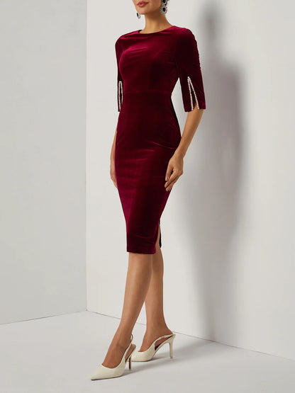 Wine Red Faux Pearl Velvet Boat Neck Half Sleeve Sheath Midi Dress