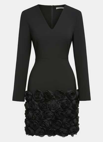 Navy Blue 3D Floral Classic V Neck Long Sleeve Sheath Mini Dress