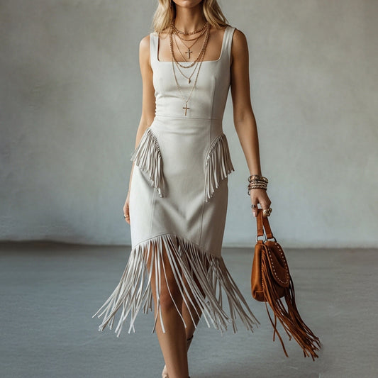 Women's Western Suede Mini Dress — Navy & Cream, Square Neck, Wide Straps, Sleeveless, Fitted Waist, Fringe Hem