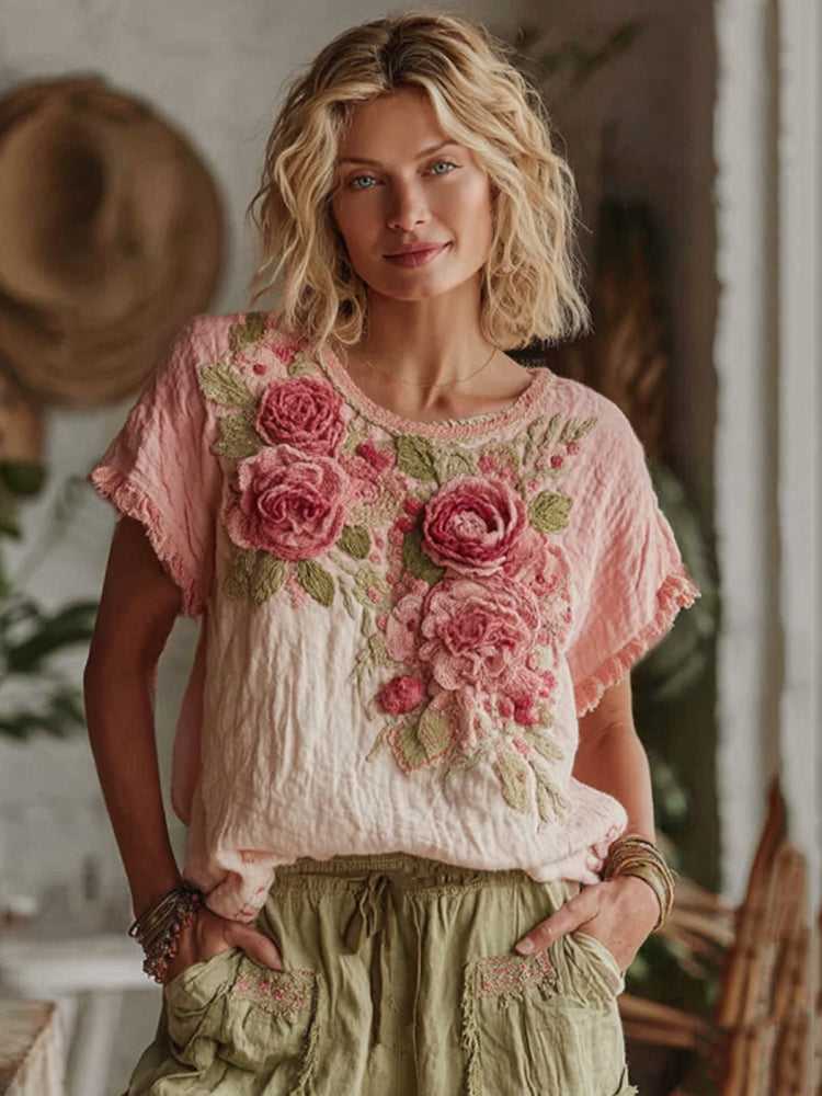 Women's Vintage Rose Floral Gradient Art Linen Comfy T-shirt