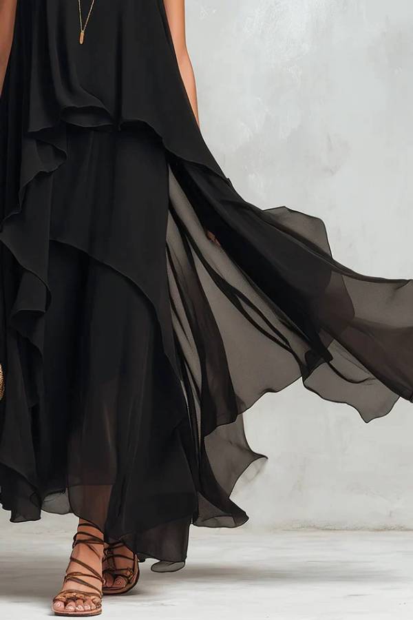 Black Chiffon Layered Round Neck Sleeveless Maxi Dress