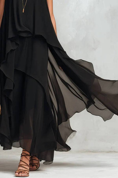 Black Chiffon Layered Round Neck Sleeveless Maxi Dress