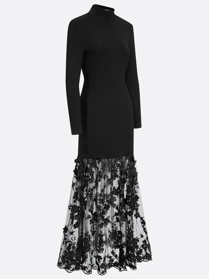 Black Mesh Floral Knit Mock Neck Long Sleeve A-Line Maxi Dress