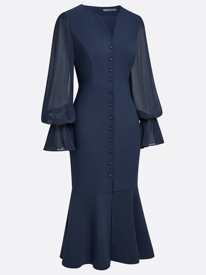 Purplish Blue Buckle Classic V Neck Long Sleeve Bell Sleeve Mermaid Midi Dress