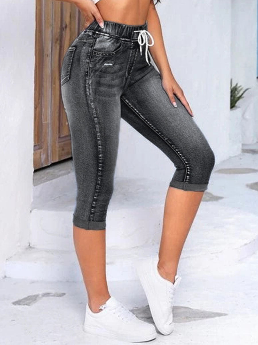 Women's High-stretch Drawstring High-waisted Ripped Skinny Jeans