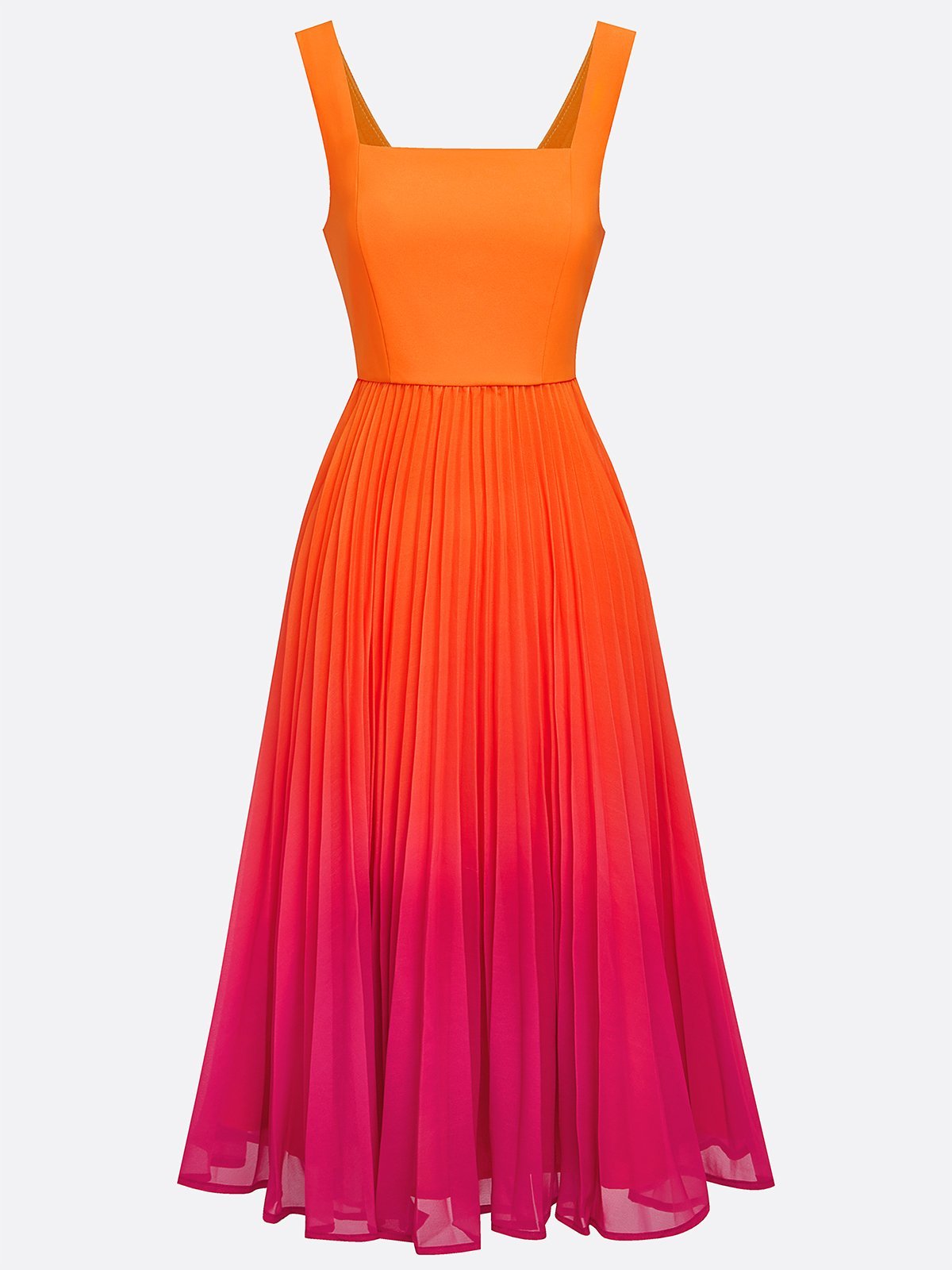 Orange Ombre Pleated Classic Square Neck Sleeveless A-Line Midi Dress