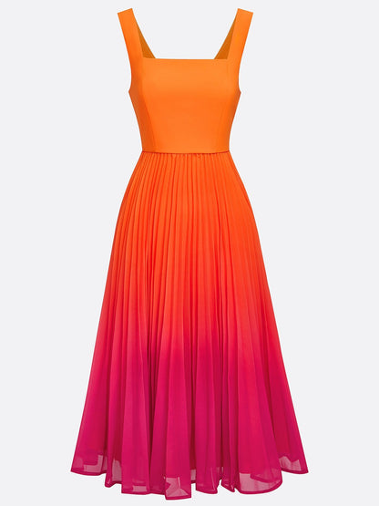 Orange Ombre Pleated Classic Square Neck Sleeveless A-Line Midi Dress