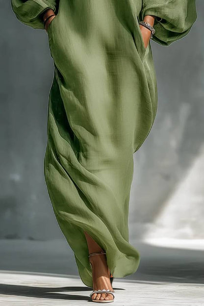 Green Off-shoulder Oversized Puff Sleeve Maxi Dress