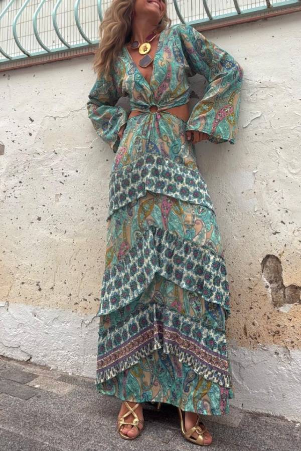 MONTANO ring dress, aqua green paisley