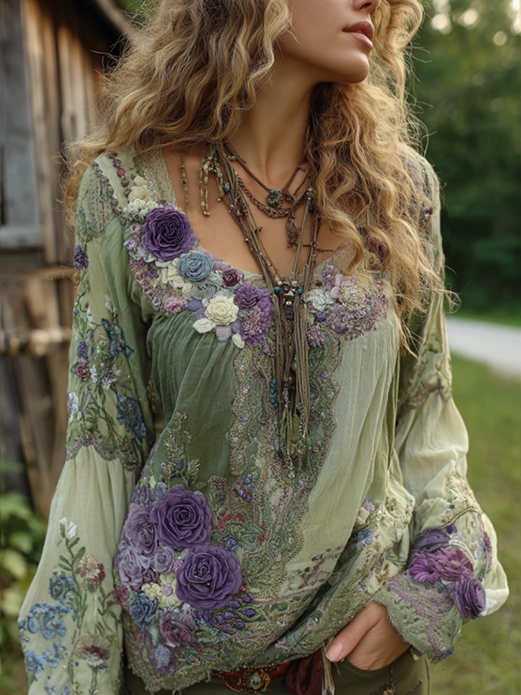 Vintage Purple Lavender And Floral Embroidered Linen Long Sleeve Shirt 0f8d
