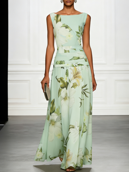 Light Blue Floral Ruched Classic Boat Neck Sleeveless A-Line Floor-length Gown Dress