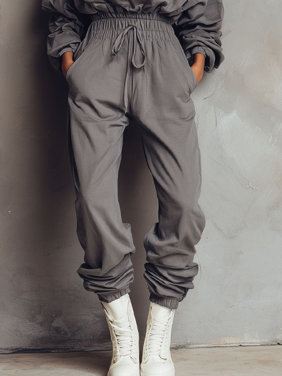 Loose Grey Hooded Long-sleeved Elastic Waist Sports Jumpsuit